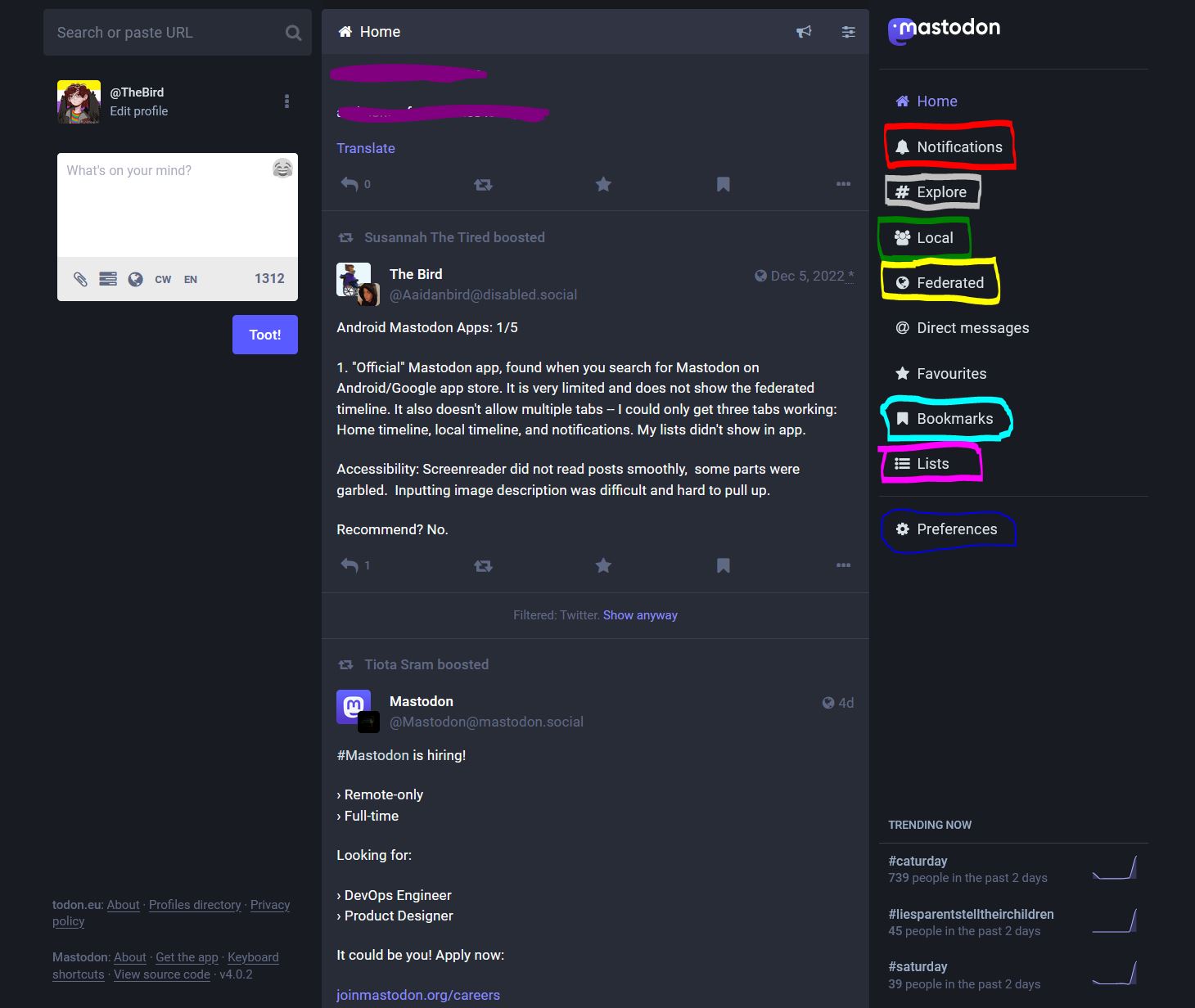 A Screenshot of the Simple Web Interface of Mastodon. It shows the menu on left, where search and post functions are located, the timeline in center, and the right-hand menu that contains the other timeline options and the preferences. Several options in the right-hand menu is colorcoded to emphasize navigation.