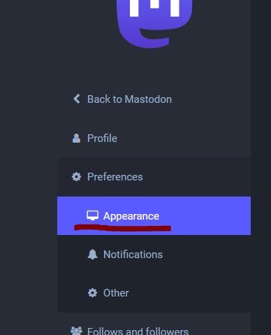 Screenshot of the Preferences menu, where there is a list of items on left hand menu. Under the Profile preferences, there is three sub headings that read: Appearance, Notifications, Other. The option for Appearance is underlined in purple.