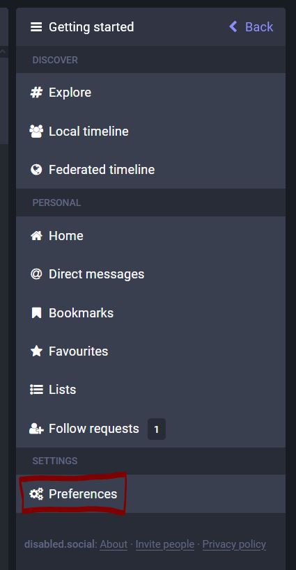 This screenshot has a purple box around the bottom option of the right side menu. The bottom option reads: &ldquo;preferences.&rdquo;