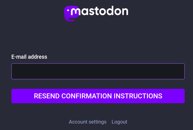 Resend confirmation email which has a single textbox where you can re-enter your email address. Below the text box is a &ldquo;resend confirmation instructions&rdquo; button.