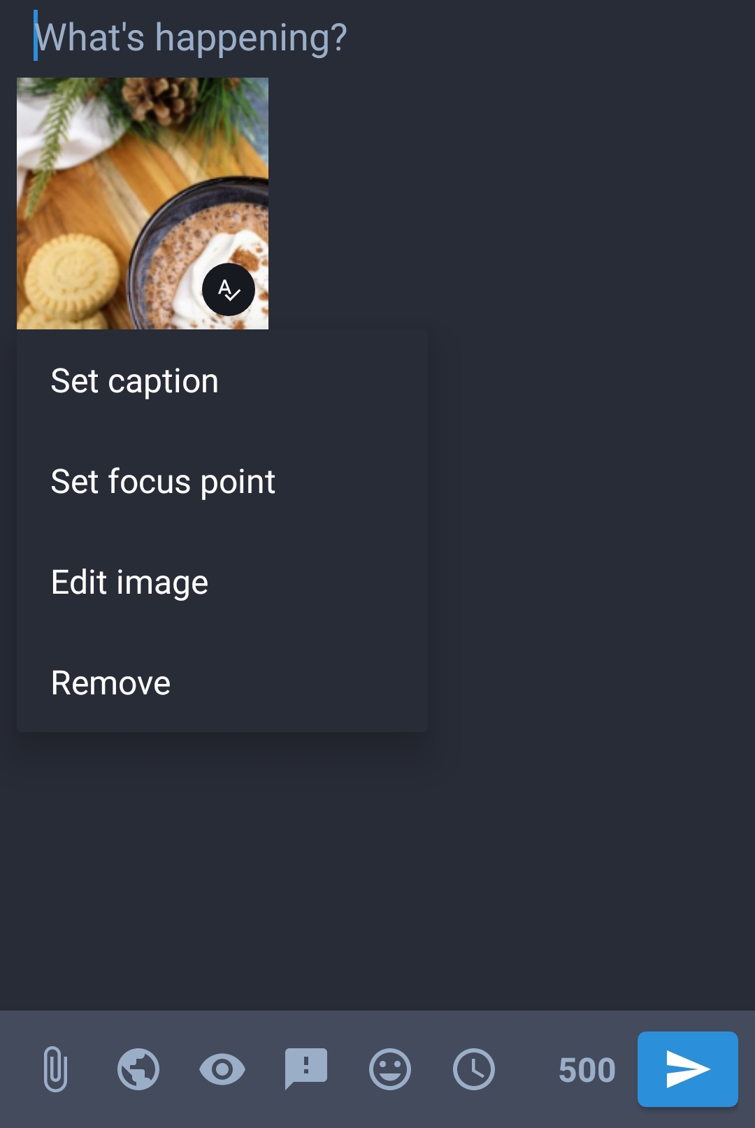 A screenshot of an empty toot box on the Tusky app after clicking on the lower right hand corner of an uploaded image. A menu pops up with the options: set caption, set focus point, edit image, and remove. At the bottom of the toot are the usual other tools along with the publish button.