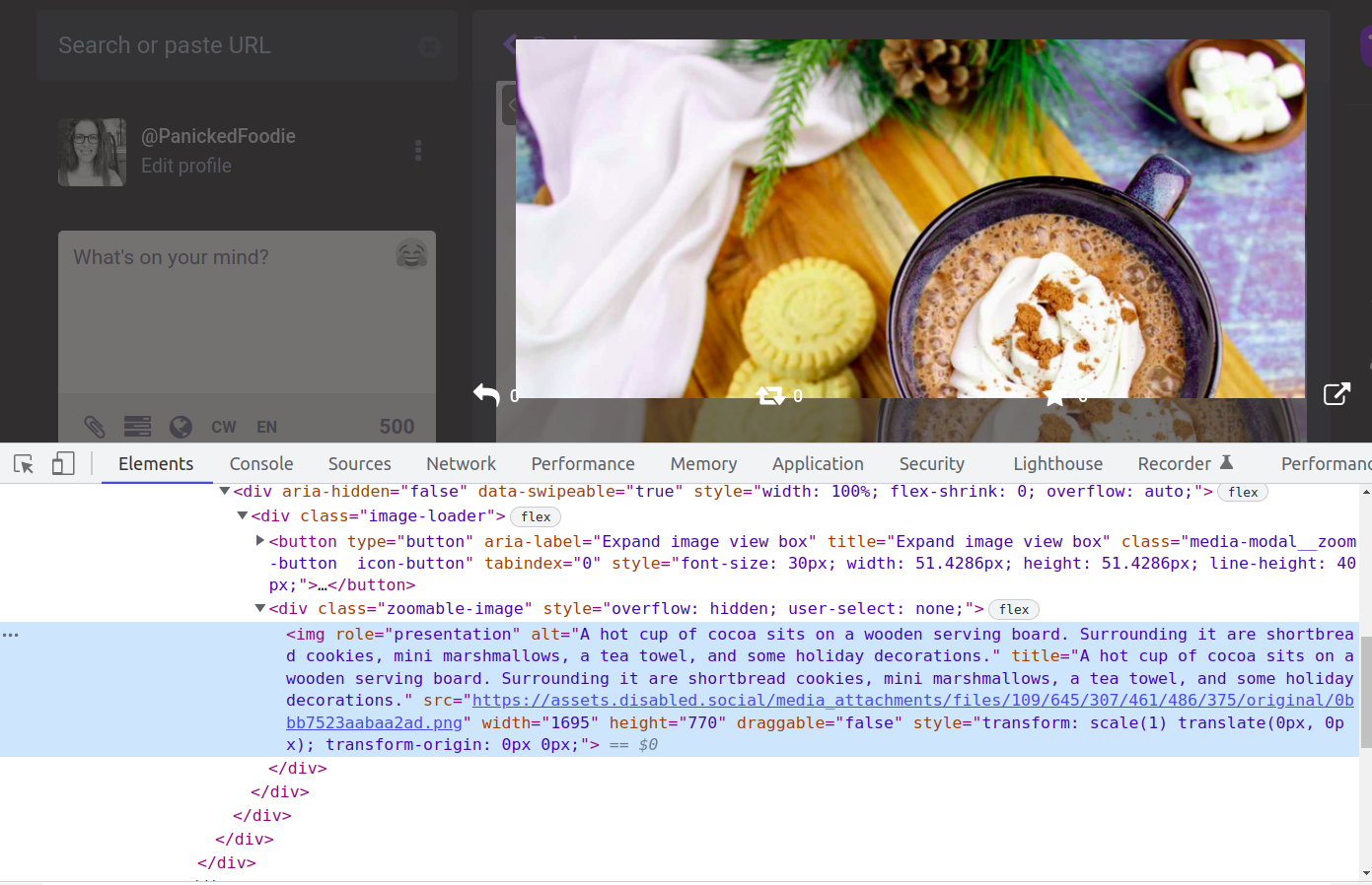 Google console HTML code on the elements tab after right clicking on an image and clicking inspect. This is where you can check to see if the added alt text actually published with the image.